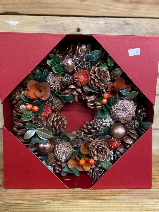 Artificial Wooden 30cm Cone & Bauble Wreath